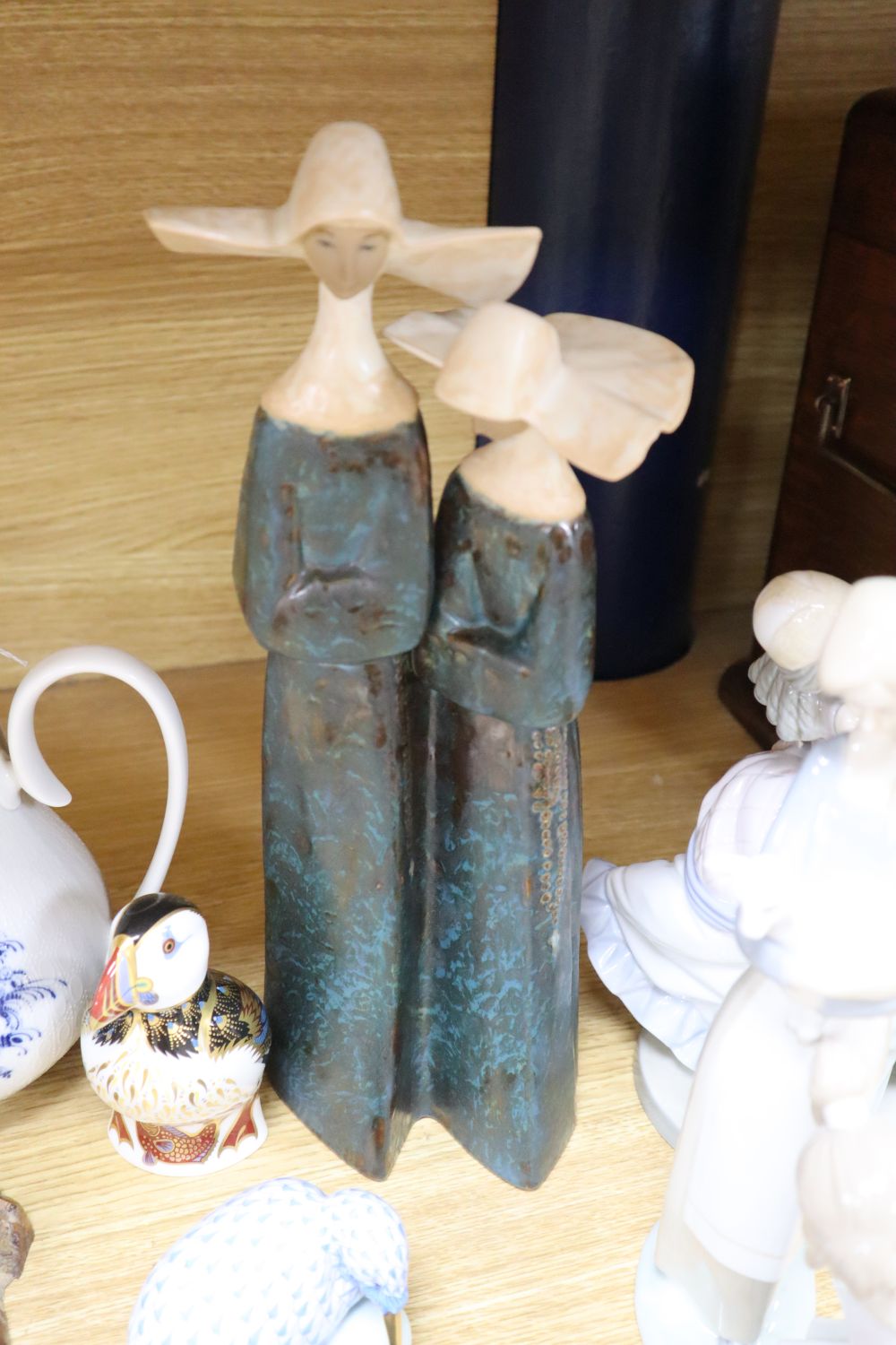Four Lladro porcelain figures, a Rosenthal coffee pot, Herend quail, Copenhagen cat and other items to include Derby and Belleek